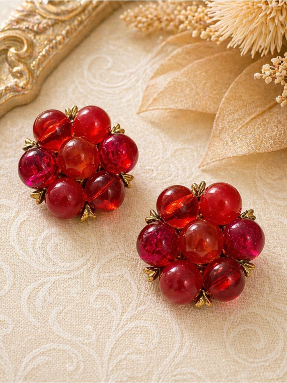 Vintage Signed KRAMER Red Bead Cluster Gold Tone Clip on Earrings